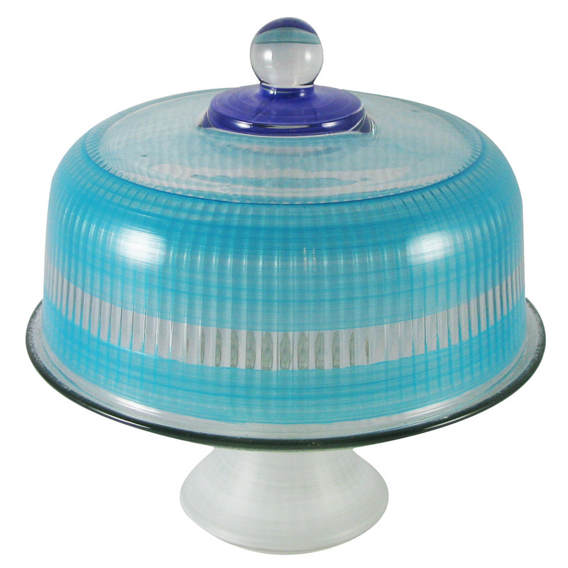 Cottage Retro Stripe Glass Cake Stand, Turquoise