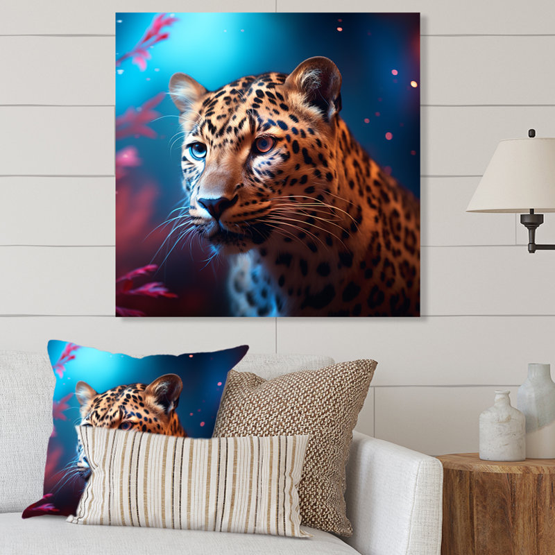 Portrait de léopard bleu et doré II - art mural en métal animal léopard / guépard, H 29 po x l 29 po