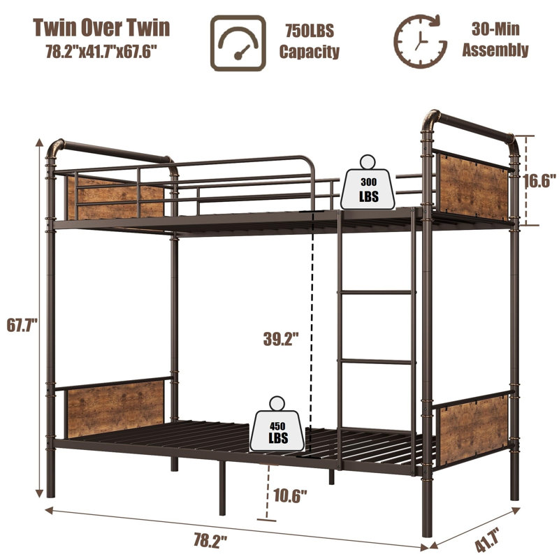 Twin Over Twin Metal Bunk Bed with High Guardrail and Ladder, Convertible Metal Bunk Beds for Kids/Teens/Adults,Easy Assembly,Brown