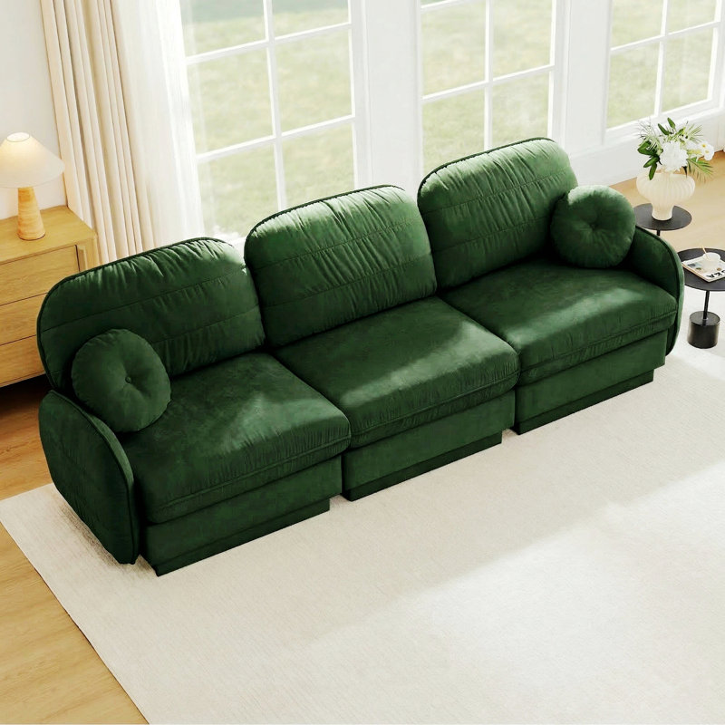 3-Seater Sofa with Round Pillows for Living Room, Green Chenille