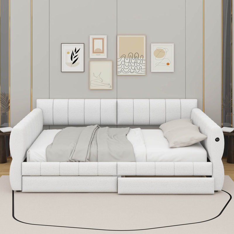 Queen Size Upholstered Platform Bed With USB And Drawers, White