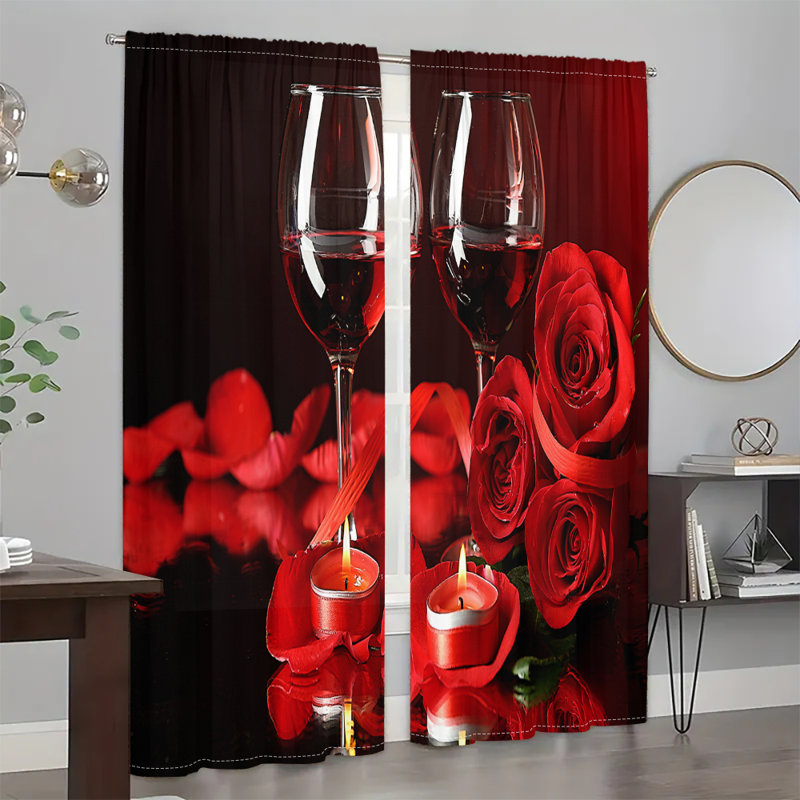 2Pcs Red Rose Wine Glass Print Window Curtains Romantic Floral Pattern Rod Pocket Drapes Valentine Day Decoration Digital Printing  for Living Room Bedroom Home Decor
