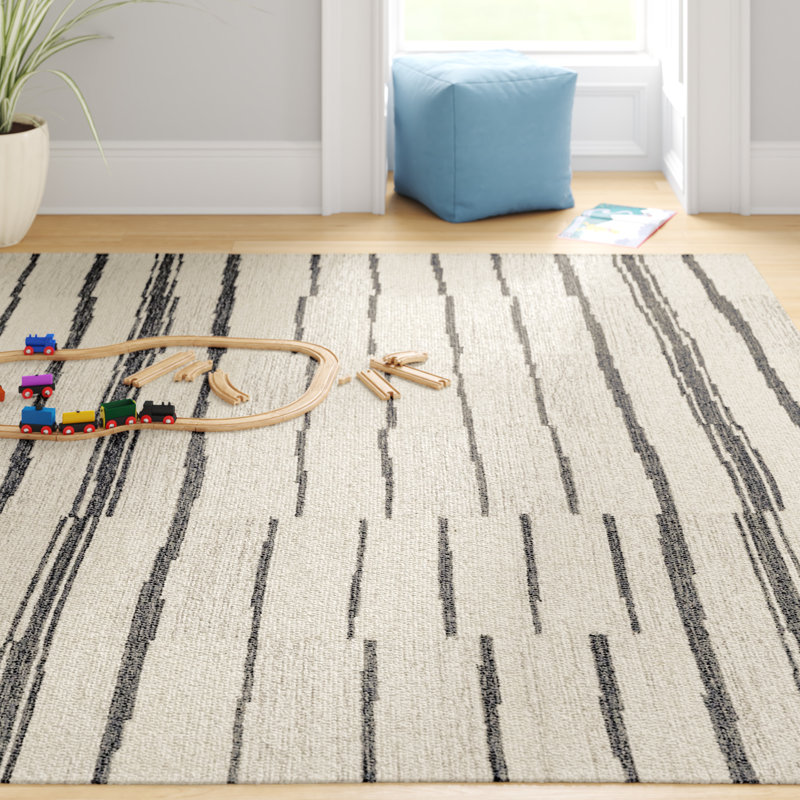 Tapis rayé en laine touffeté à la main beige / gris anthracite Rune, Rectangle 15 pi x 18 pi
