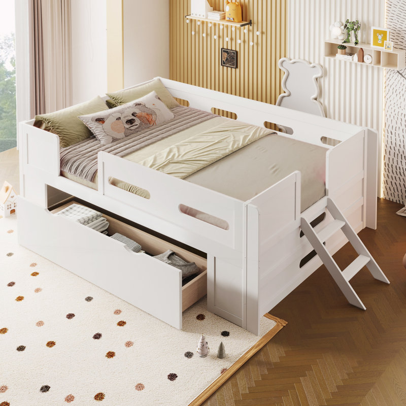 Lit plateforme en bois avec garde-corps et tiroir, Lit simple, Blanc