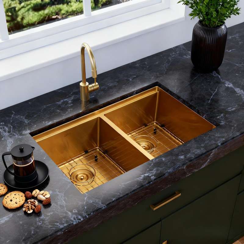 32'' Double Bowl Stainless Steel Undermount Workstation Kitchen Sink, Gold