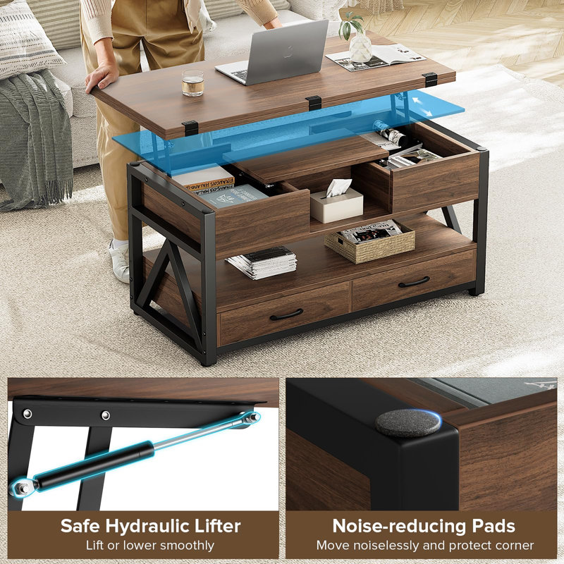 Table basse à plateau relevable 40 po, 19.3" H x 39.4" W x 19.6" D, Walnut