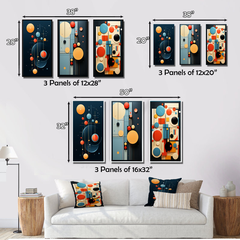 «Retro Bliss Abstract Circular Geometrics», 3 pièces sur toile, Toile tendue, H 28 po x l 36 po