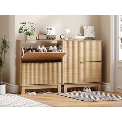 37" Tall Fluted Shoe Cabinet with 2 Flip Drawers – Narrow Freestanding Organizer for Entryway (31.3"W x 9.45"D) 