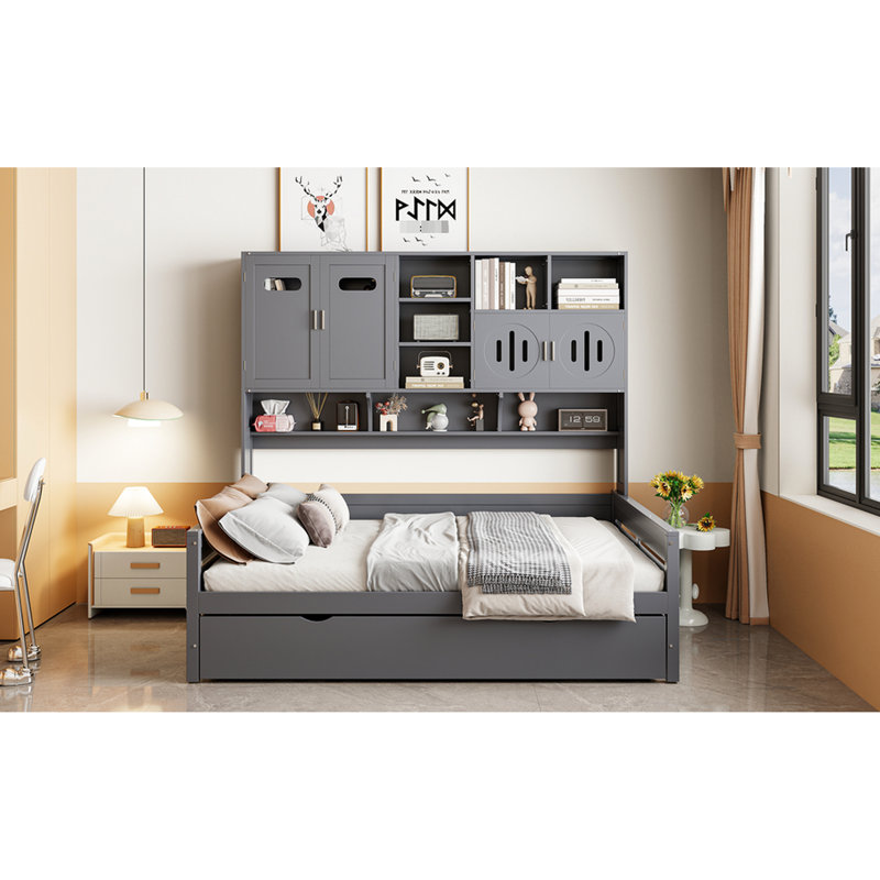 Lit de jour en bois gris avec lit gigogne simple et tablette pratique en combinaison - choix peu encombrant, Lit double, Gris