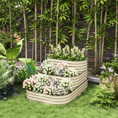 Ensemble de lit de jardin surélevé en acier galvanisé, 63,64 po x 43 po x 32,8 po, blanc crème, 3 boîtes à fleurs avec bordure en caoutchouc pour la cour arrière, 3 lits, 63,64 po x 43 po, 32,8 po et patio