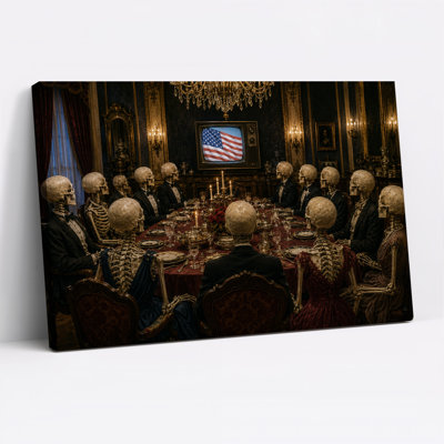 Squelettes dînant en tenue de soirée à une grande table - Toile murale d'Halloween