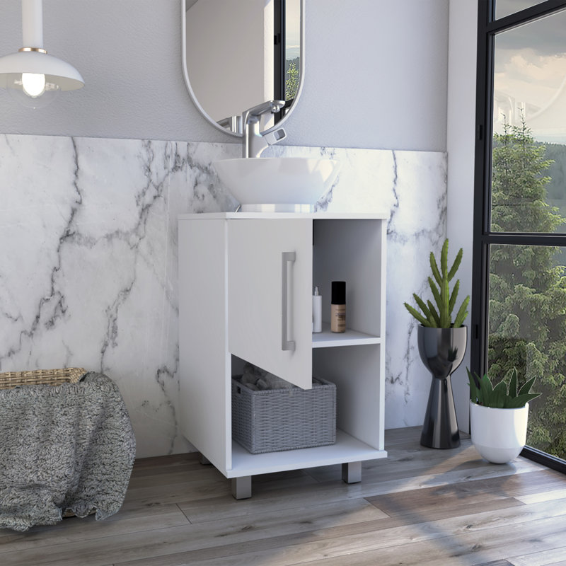 Ensemble de meuble-lavabo simple 18 po avec tablette ouverte et armoire à porte simple Kheng, Blanc