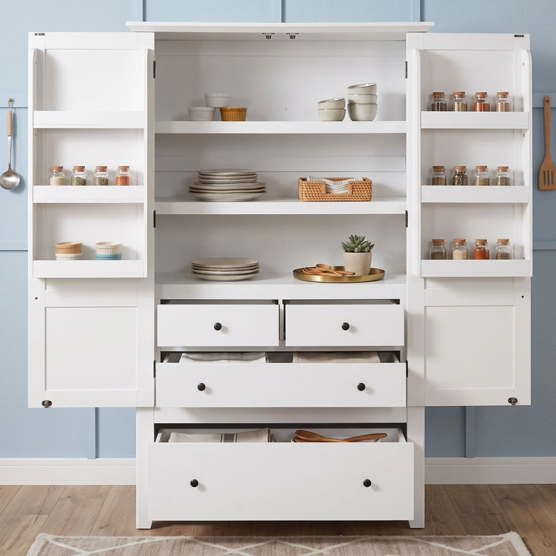 Armoire de cuisine autoportante de 72 pouces de hauteur avec 2 portes de style Shaker, étagères de porte, 4 tiroirs et 2 étagères réglables