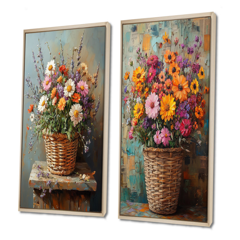Ensemble de 2 pièces d'art mural Wildflowers, Cadre flottant en érable, H 28 po x l 24 po