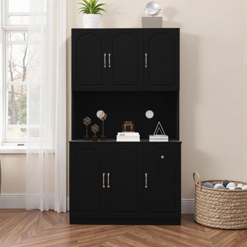 71" Black Modern Freestanding Pantry Cabinet with Microwave Oven Countertop - Adjustable Shelves, 6 Doors & 1 Drawer for Kitchen Storage