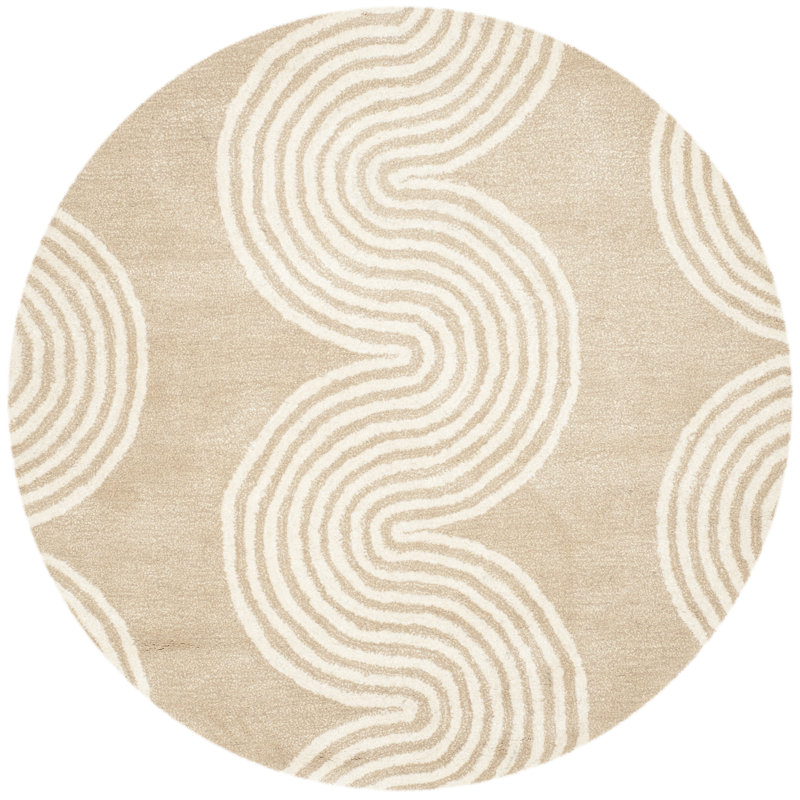Tapis beige / ivoire en laine touffeté à la main à motif géométrique Sanyiah, Rond 5 pi