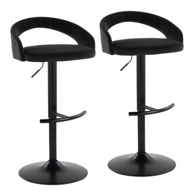 Tabouret de bar réglable en métal noir et velours noir avec repose-pieds arrondi en T - ensemble de 2