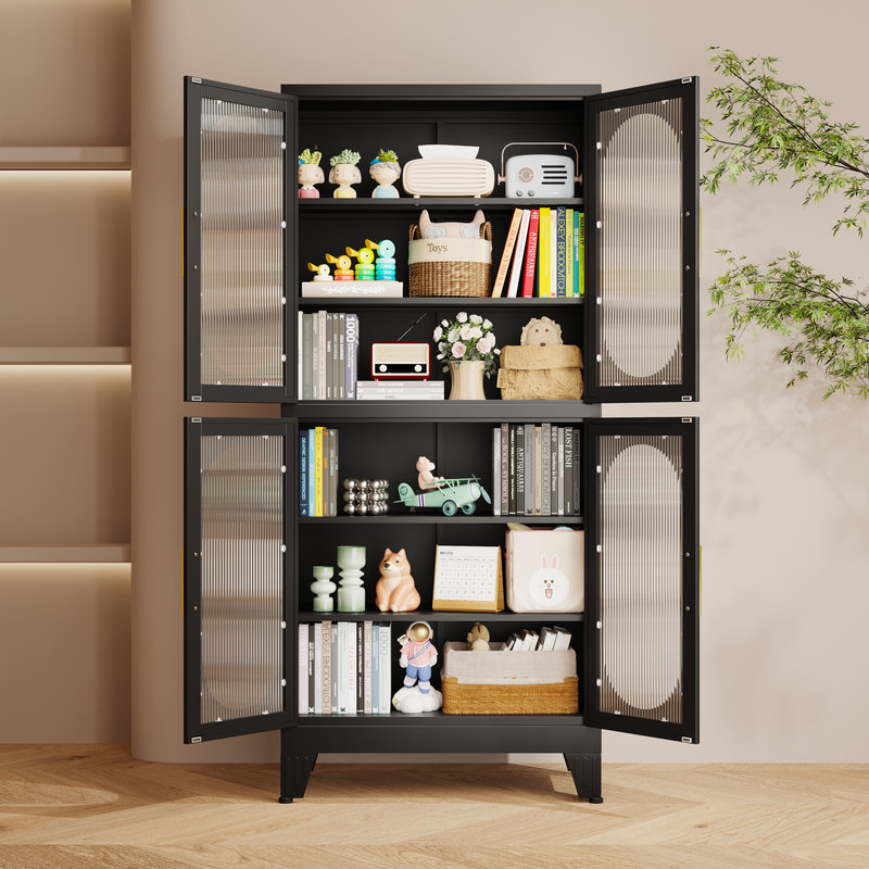Grande armoire de rangement en métal avec 4 portes en verre acrylique et 4 tablettes réglables pour la cuisine, la salle de lavage et le salon