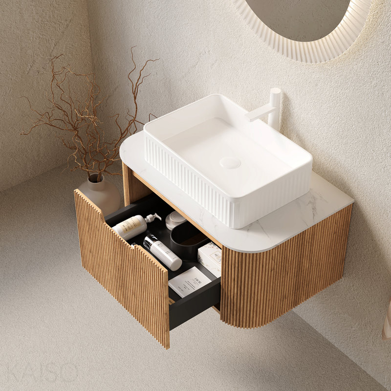 Meuble-lavabo de salle de bain 30 po avec lavabo, meuble de rangement mural à bordures courbées et flottantes avec tiroir, lavabo rectangulaire en céramique blanche, sans robinet, pré-assemblé, couleur grain de bois naturel