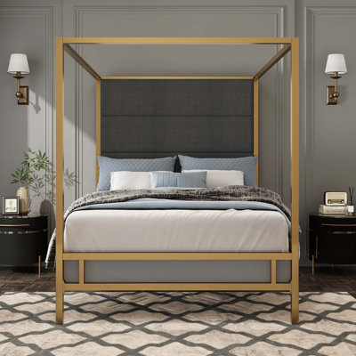 Modern Canopy Bed with Tall Fabric Upholstered Headboard Metal 4-Poster Bed Frame,Box Spring Needed