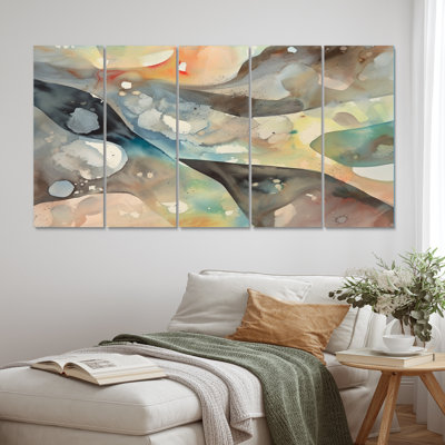 Subtile sérénité colorée, aquarelle grise vagues I - formes abstraites, reproduction d'art mural - 5 panneaux égaux