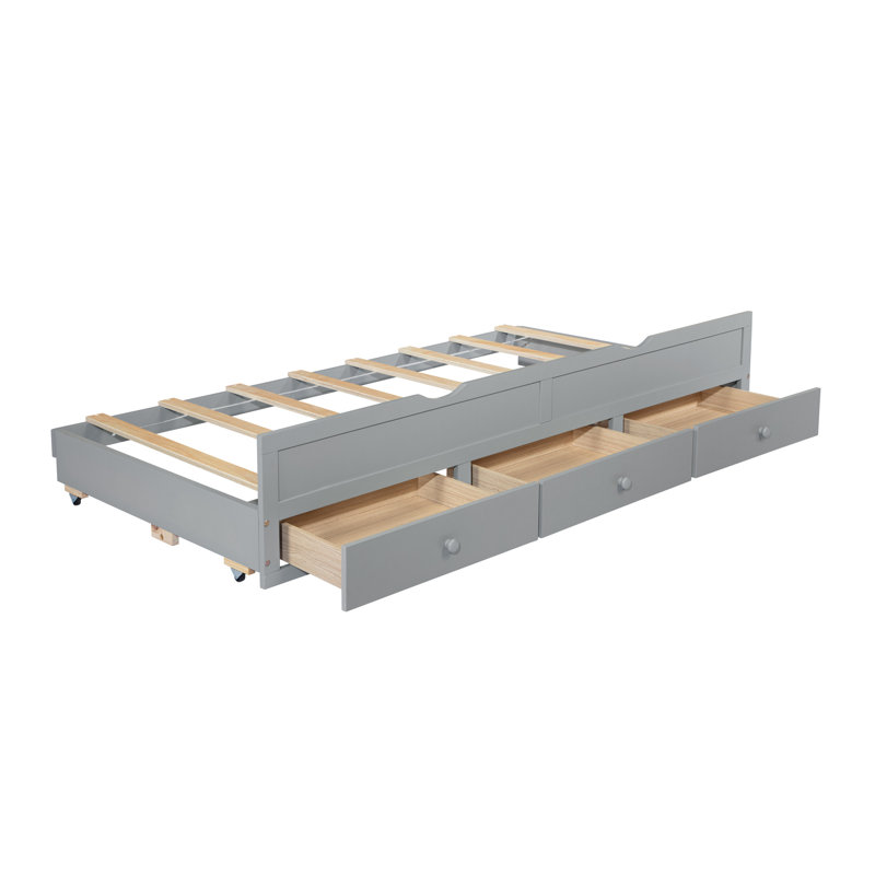 Tête de lit et lit simple gris, avec rangement pour lit gigogne coulissant, Gris