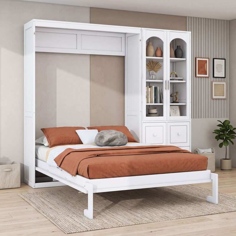 Grand lit escamotable avec armoire de rangement, Blanc