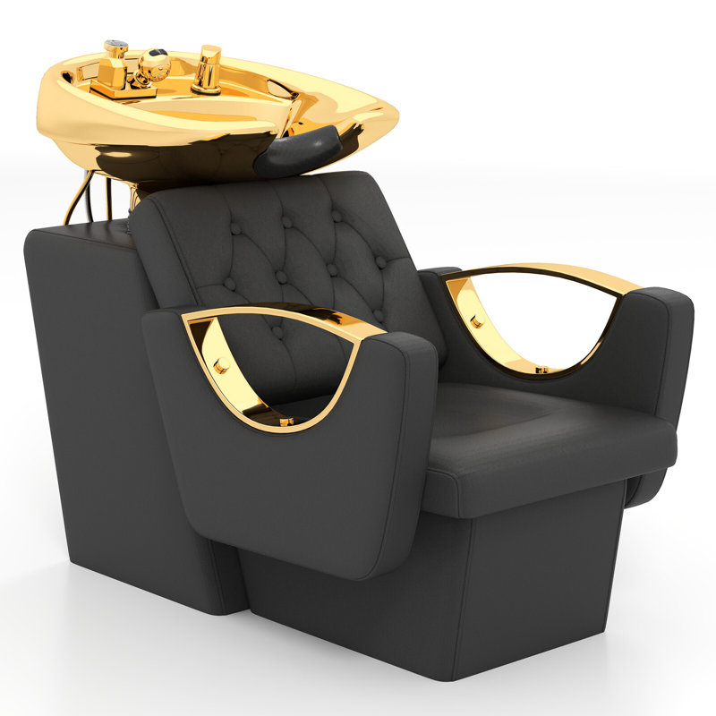 36.9"l*13"w Freestanding Shampoo Sinks With Faucet,black & Gold Shampoo Station With Ceramic Hair Wash Bowl