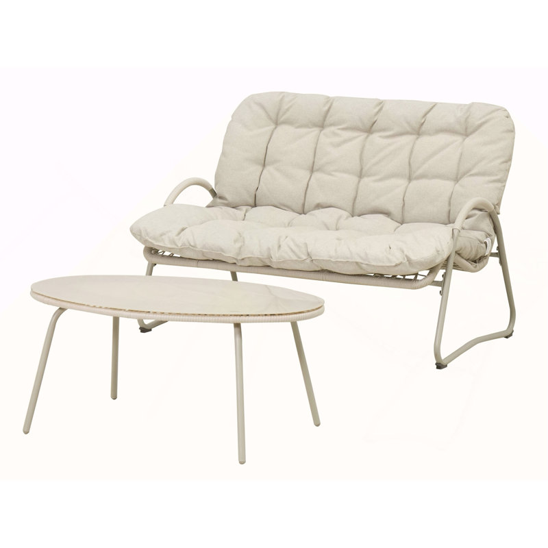 Ensemble de causeuse et de table basse d'extérieur moderne, ensemble de conversation de patio toutes saisons avec coussins épais, mobilier de bistro 2 pièces pour la cour, le balcon, le jardin, blanc cassé