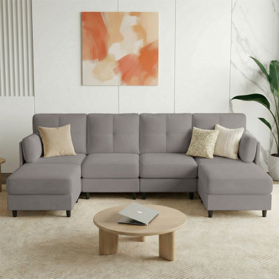 87" U-shaped Sectional Sofa, 4-seat Sectional Couch With 2 Removable Ottomans,Light Grey