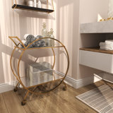 Metal Rolling Round 2 Mirrored Shelf Bar Cart with Top Handle
