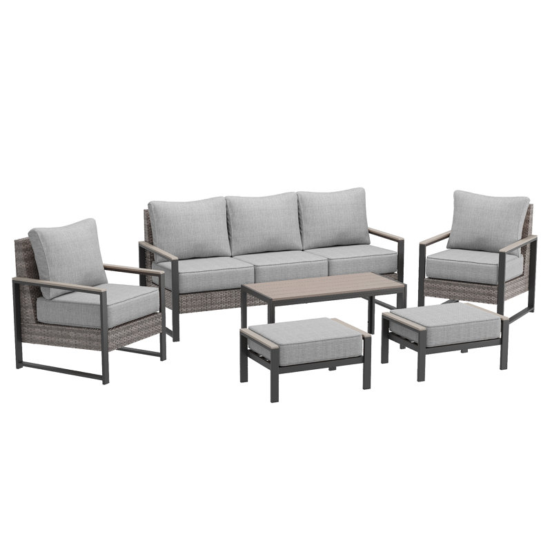 6 Pieces Patio Set with 3-Seater Sofa, PE Rattan Patio With Thick Cushions and Sturdy Frame, Leaden Gray