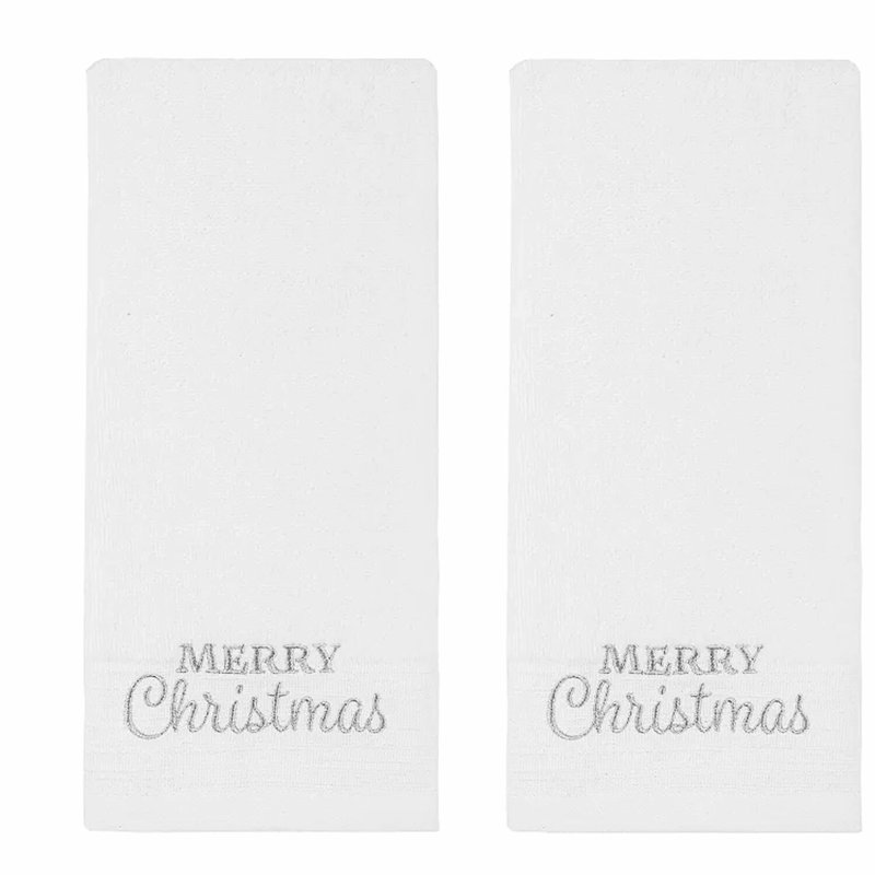 Elegant Silver Embroidered Bath Hand Towels - Set of 2, Luxurious White Bathroom Decor