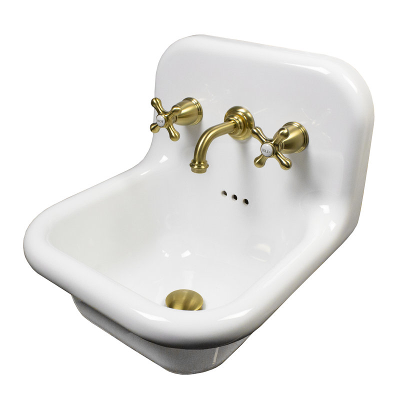 Nantucket Sinks 16.5-inch Fireclay Wallmount Bath Sink with Short Spout Faucet and Drain, Gold/White
