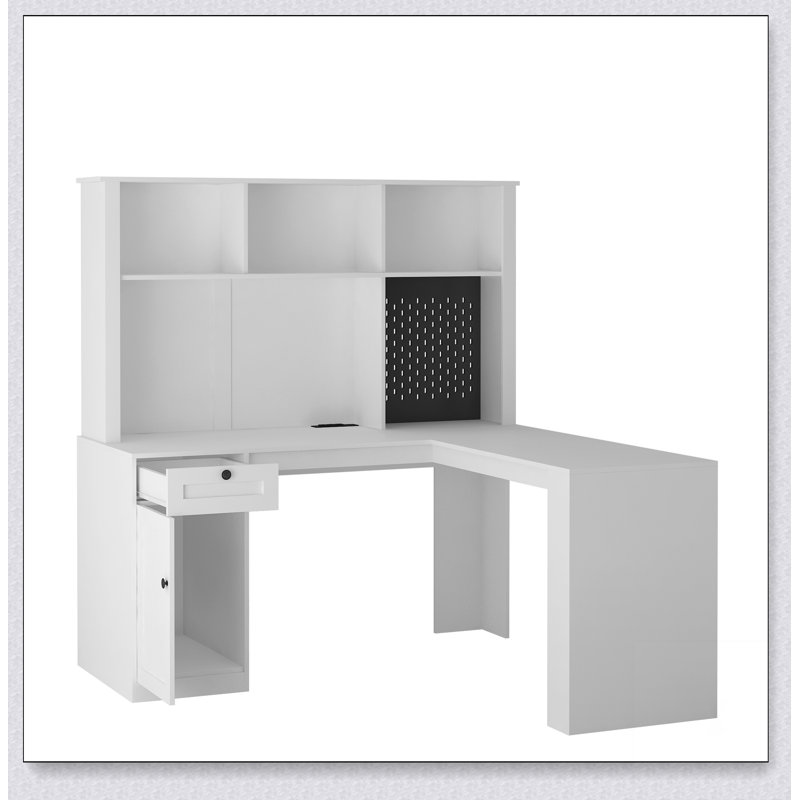 L Shaped Desk with outlet, Computer Desk with Drawers, Bookshelf & Hutch, White