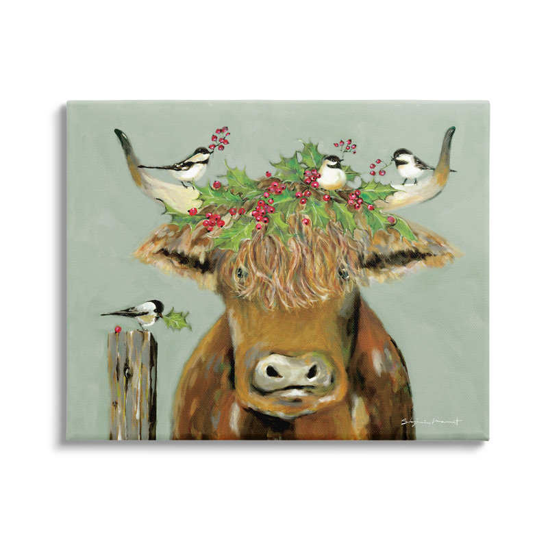 Bétail et oiseaux, houx des Fêtes sur toile, H 16 po x l 20 po x P 1,5 po
