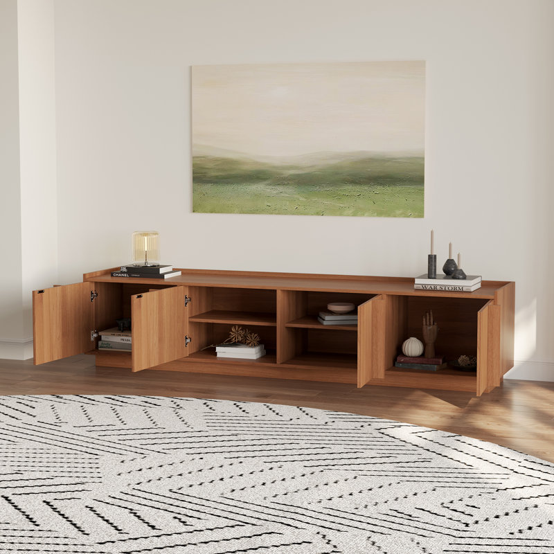 79" Mid-Century Brown Wood Tv Stand with 4 Storage Cabinets for Living Room