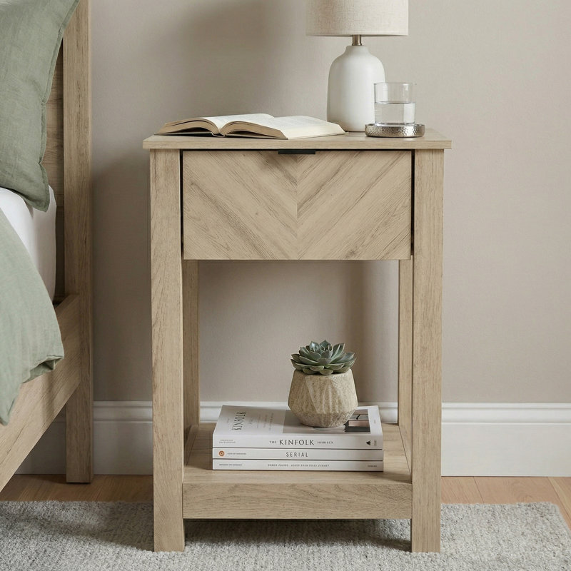 Aleshire Mid-Century Modern 23.2"H 1 Drawer Nightstand, Oslo Oak, 1