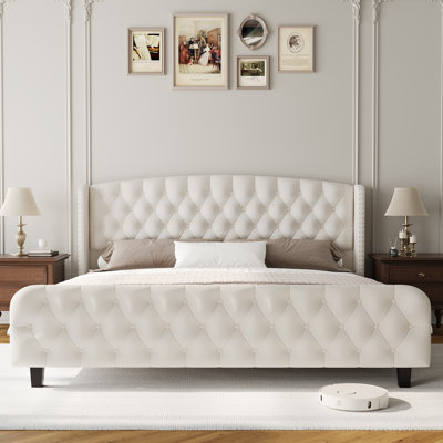 Queen Bed Frame with 51'' Tall Wingback Headboard, Velvet Upholstered Platform Bed Frames with Strong Wood Slats Support, Noise Free, No Box Spring Needed, Easy Assembly, Light