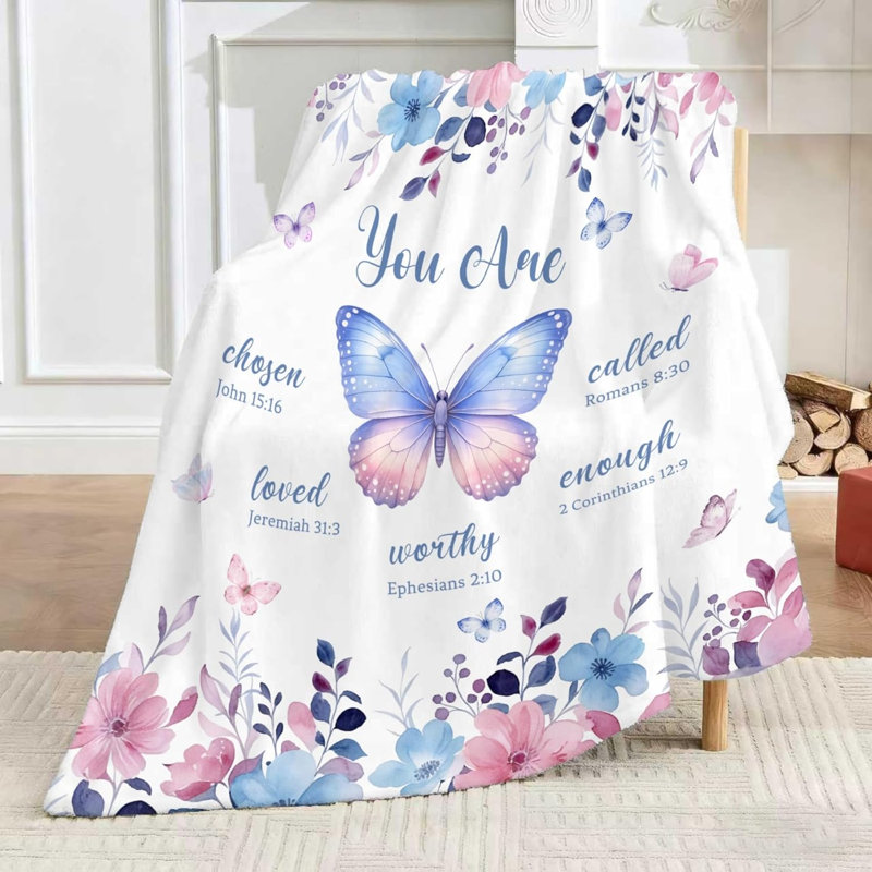 Couverture florale papillon rose pour femme, bleu et rose avec citation inspirante, douillet jeté douillet pour fille, canapé de salon de 30 x 40 po