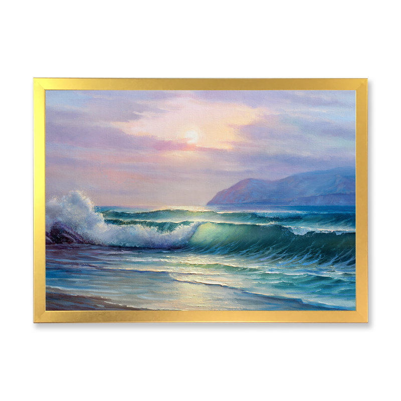 «Beautiful Green Ocean Sunset And Waves», reproduction sur toile flottante, H 30 po x l 40 po x P 1,5 po, Cadre doré