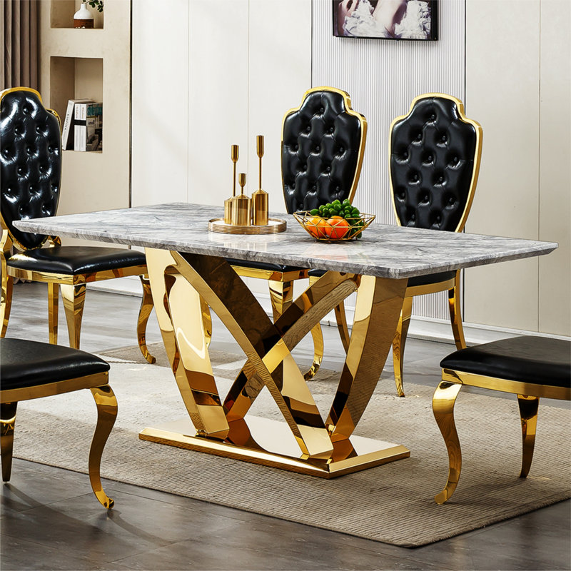 Table de salle à manger en marbre pour 6 personnes, table de salle à manger rectangulaire en faux marbre 70 po avec base en acier inoxydable à finition miroir, table de cuisine moderne en marbre de grande taille (or, gris) (table unique)