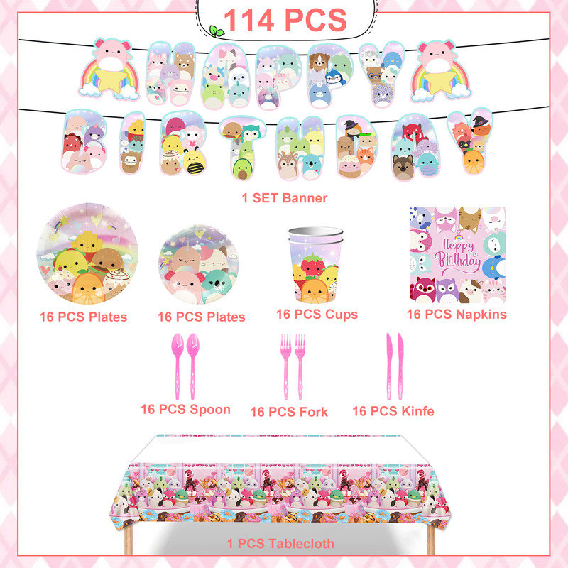 Ensemble de décorations de fête d'anniversaire pour enfants Squishmallow, 114 pièces 
