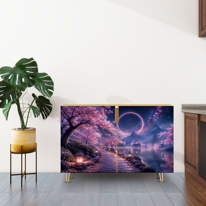 Buffet Buffet avec rangement Mystical Cherry Blossom Pathway Lanterns Celestial Eclipse Serene Lake avec 2 portes pour le salon et la cuisine
