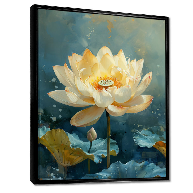 Étang de lotus beige et bleu au printemps, Cadre flottant noir, H 24 po x l 32 po