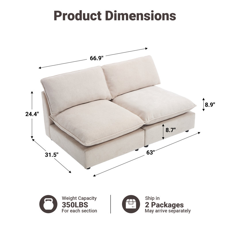 2 Piece 67'' Armless Modular Sofa, Beige