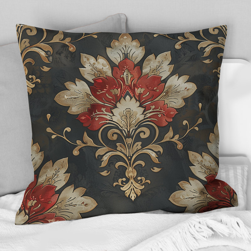 Red Gold Damask Delight - Coussin en damas, H 16 po x l 16 po, Carrée