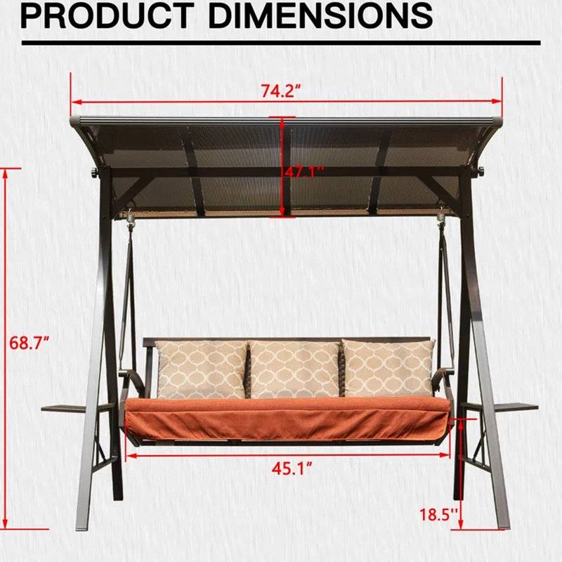 Patio Porch Swing With Strong Spring Hook And Adjustable Canopy Outdoor Garden Detachable Pillowcase Cushions For 3