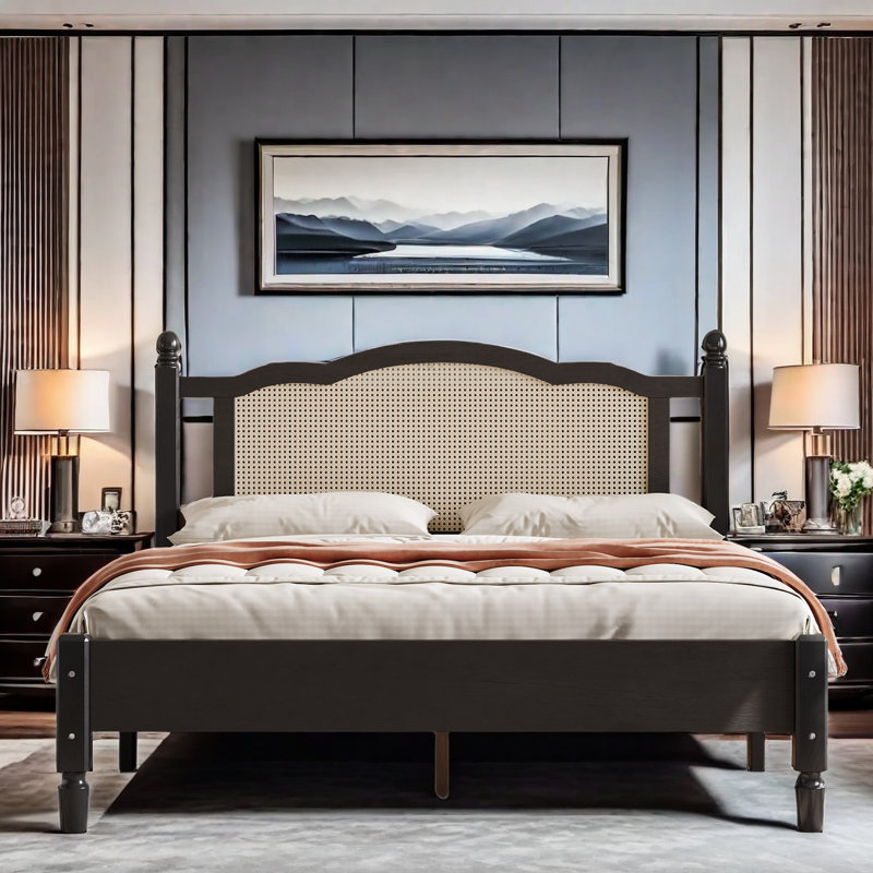 Bohemian Wooden Platform Bed With Natural Rattan Headboard And Arc Design, Black, Queen