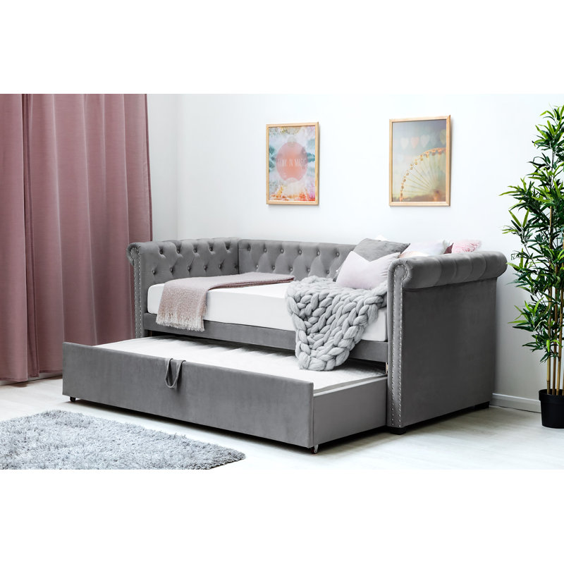 Kaeden Upholstered Daybed with Trundle, 23cm Single Sprung + 12cm Memory Foam Mattress